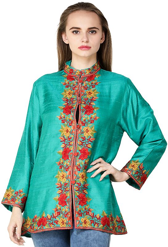 Emerald-Green Jacket from Kashmir with Flowers Embroidered on Neck and Border