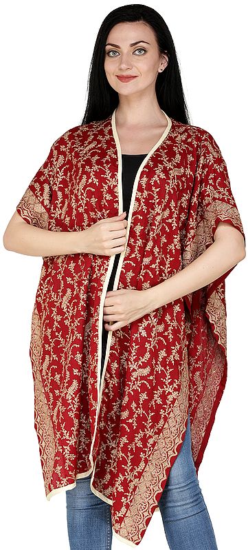 Tibetan-Red Cape with Aari Embroidered Floral Bootis in Golden Thread