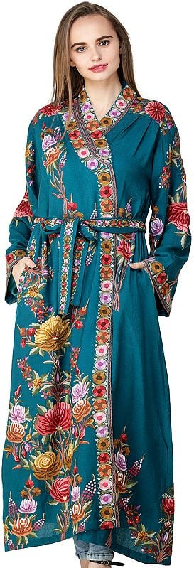 Blue-Coral Kashmiri Robe with Aari Embroidered Flowers by Hand