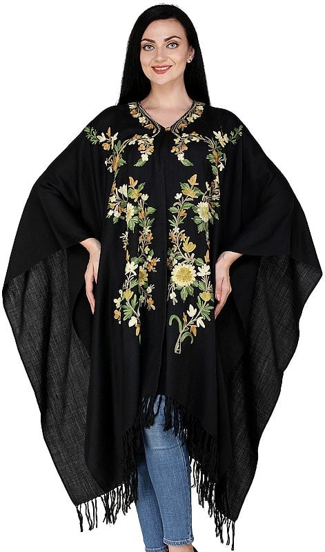 Pirate-Black Cape from Kashmir with Aari Embroidered Flowers