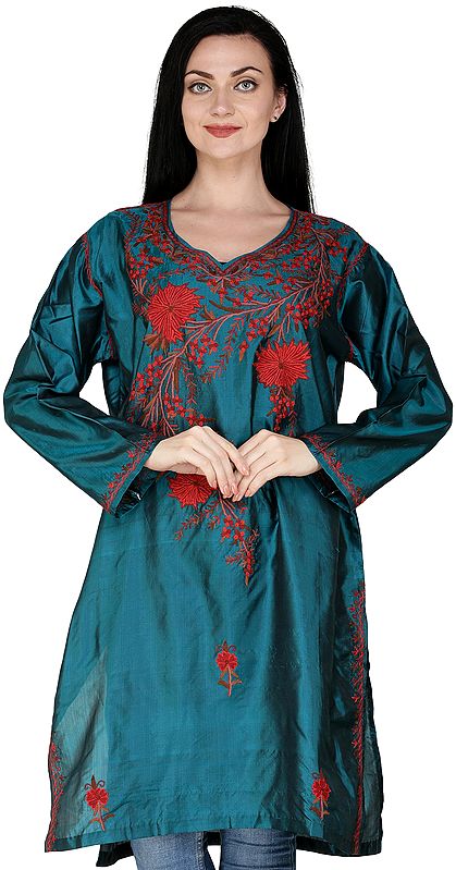 Shaded-Spruce Long Kurti from Kashmir with Aari Embroidered Flowers By Hand