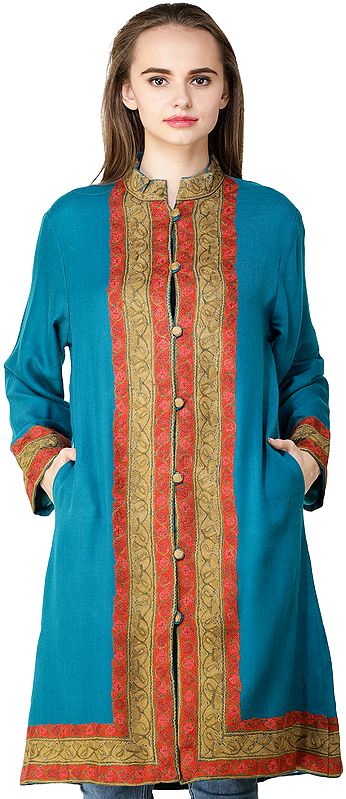 Blue-Jewel Jacket from Kashmir with Floral Aari EmbroiderY By Hand on Neck and Border