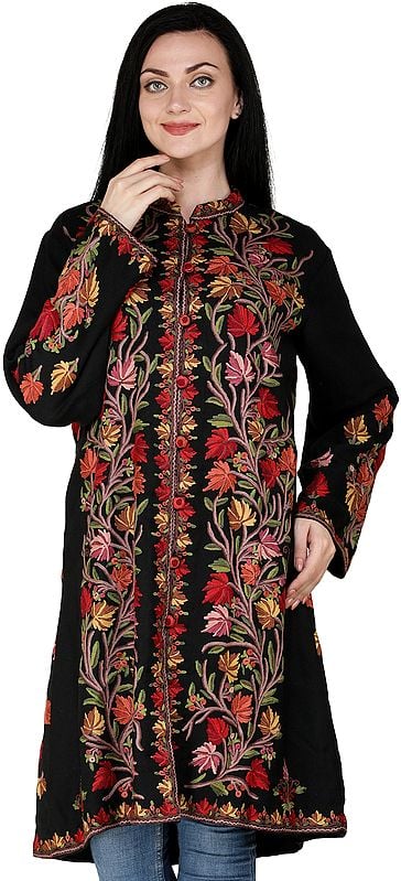 Phantom-Black Jacket from Kashmir with Hand-Embroidered Tree of Life