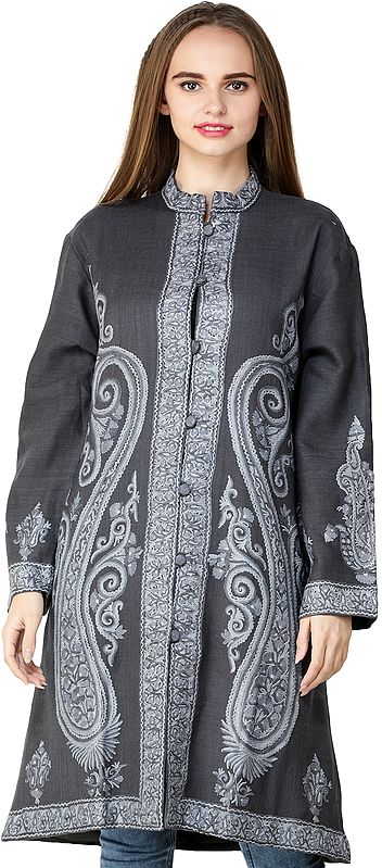 Gray Jacket from Kashmir with Hand-Embroidered Paisleys and Florals