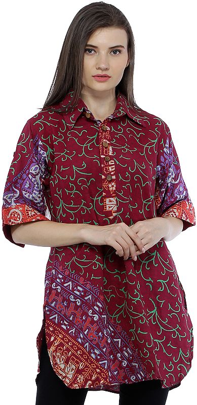 Sangria Summer Tunic Shirt with Block Printed Motifs All-Over