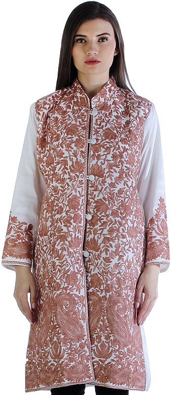 Pearled-White Long Jacket from Amritsar with Aari Embroidered Brown Floral Vines