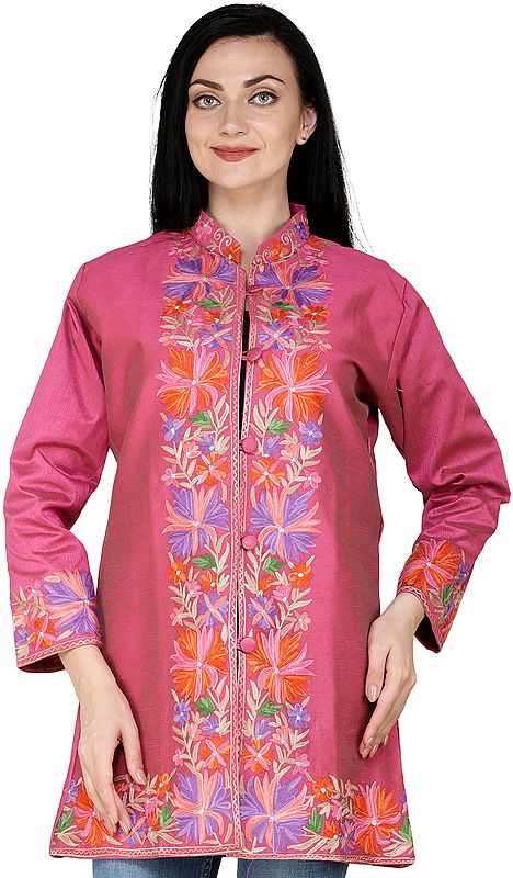 Fandango-Pink Jacket from Amritsar with Aari Embroidered Multicolor Flowers