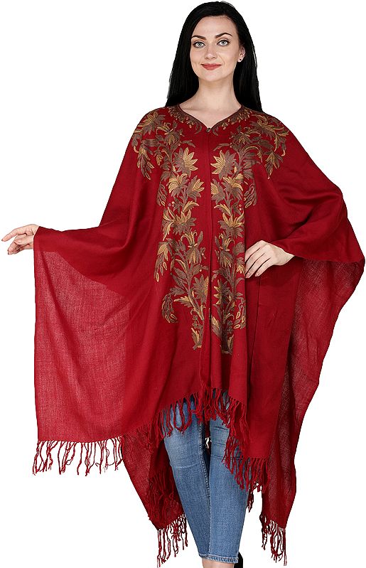 Earth-Red Cape from Kashmir with Aari Embroidered Brown Flowers by Hand
