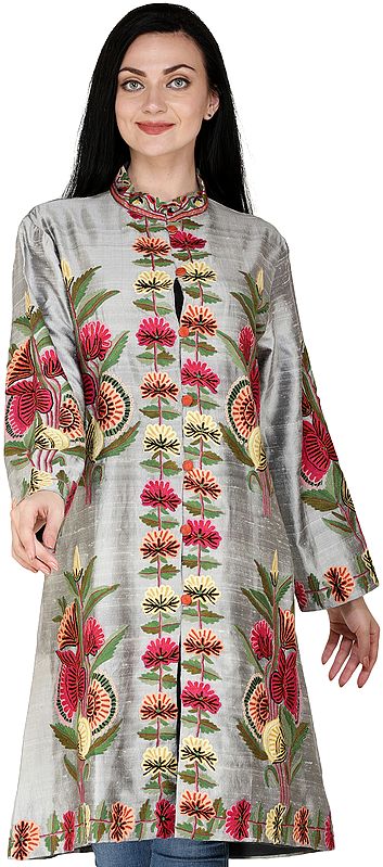 Frost-gray long Kashmiri Jacket with Hand-Embroidered Multicolor Flowers