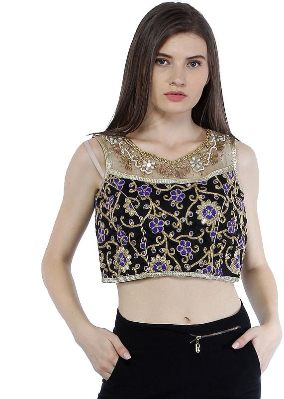 Jet-Black Zari Embroidered Choli from Gujarat With Embellished Beads and Crystals