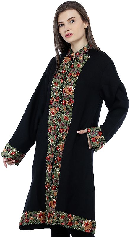 Caviar-Black Long Jacket from Kashmir with Aari Embroidered Flowers in Multicolor Thread