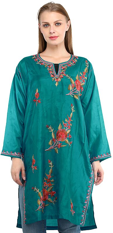Tropical Green Long Kurti from Kashmir with Aari Embroidered Flowers By Hand