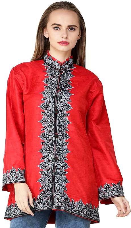 Bittersweet-red Jacket from Kashmir with Flowers Embroidered on Neck and Border