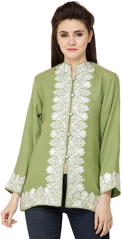 English-Ivy Short Kashmiri Jacket with Aari Embroidered White Flowers