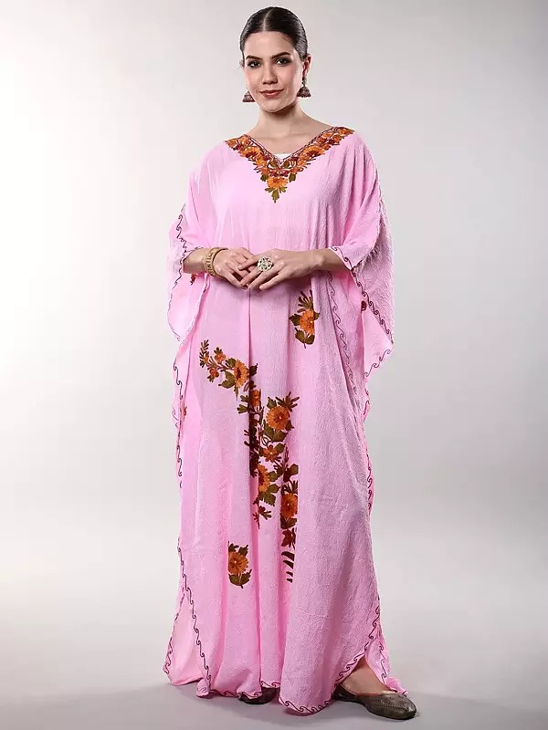 Crushed Kashmiri Kaftan with Aari Embroidered Multicolored Flowers