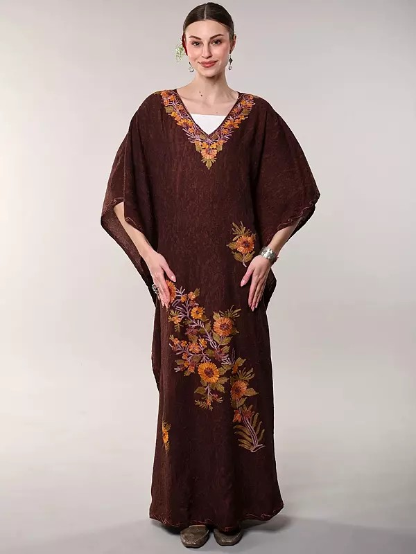 Crushed Kashmiri Kaftan with Aari Embroidered Multicolored Flowers