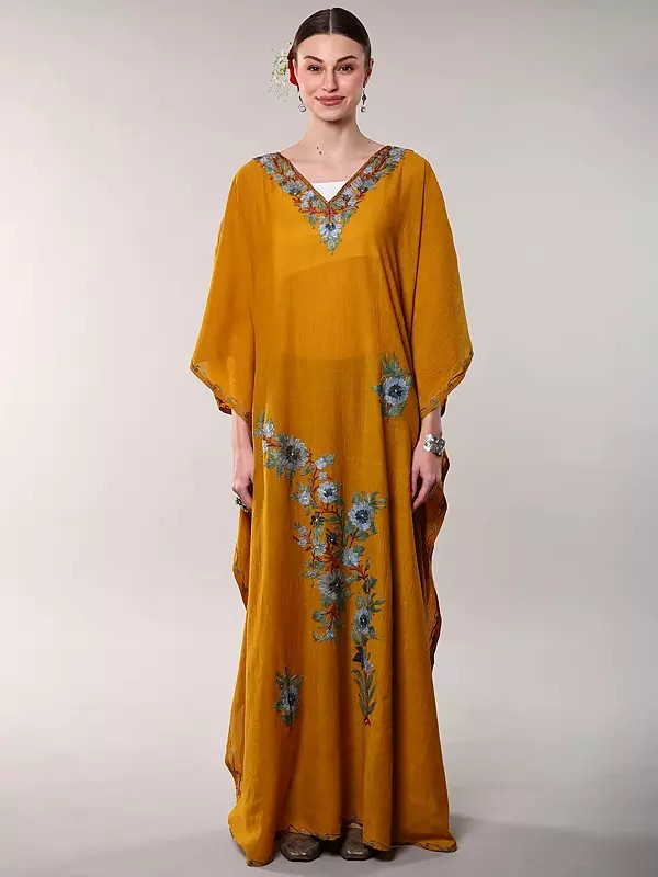 Crushed Kashmiri Kaftan with Aari Embroidered Multicolored Flowers