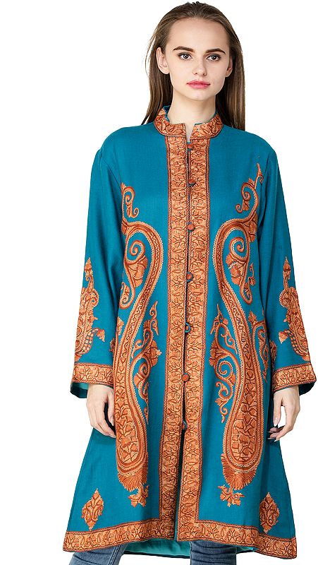 Seaport Long Jacket from Kashmir with Hand-Embroidered Giant Paisleys