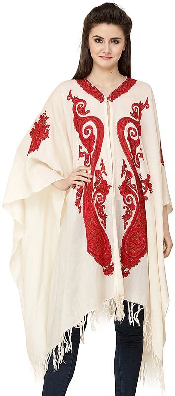 Havelle-Peach Cape from Kashmir with Aari Hand-Embroidered Paisleys and Florals