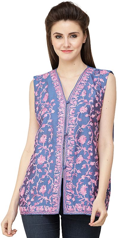 Dutch-Blue Waistcoat from Kashmir with Aari Embroidery in Pink Thread