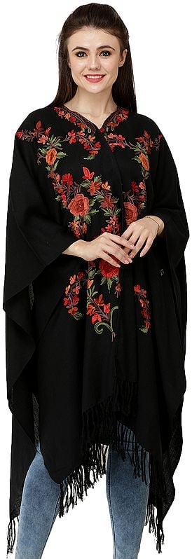 Phantom-Black Cape from Kashmir with Aari Embroidered Multicolor Flowers