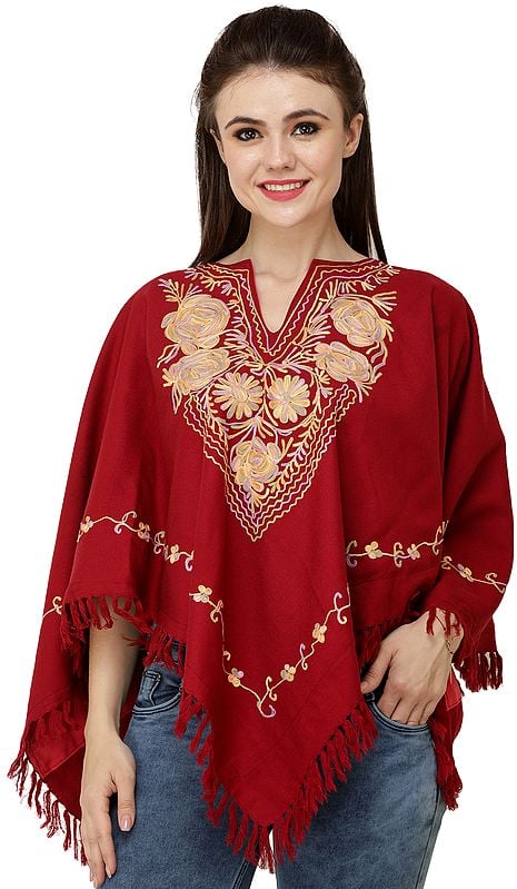 Tango-Red Poncho from Kashmir with Aari Embroidery on Neck and Border