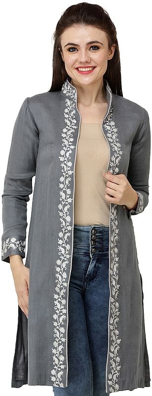 Frost-Gray Short Abaya-style Jacket from Kashmir with Embroidered White Paisleys