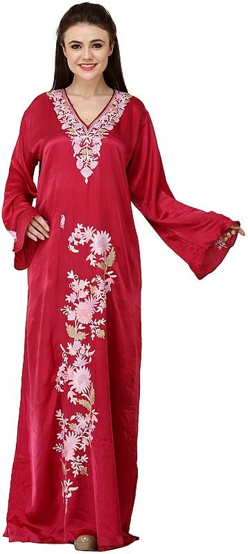 Mauve-Rose Long Gown from Kashmir with Aari Embroidered Flowers
