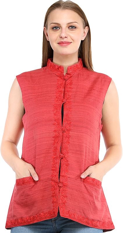 Faded-Rose Waistcoat from Kashmir with Aari Embroidery and Front Pockets
