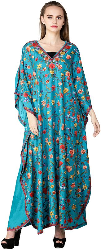 Viridian-Green Kaftan from Kashmir with Aari Embroidered Flowers All-Over