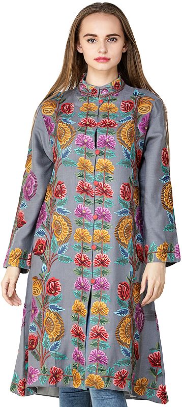 Cloudburst Long Kashmiri Jacket with Hand-Embroidered Multicolor Flowers