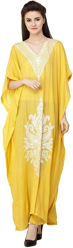 Cashmere Mimosa-Yellow Long Kashmiri Kaftan with Aari Hand-Embroidered Flowers and Paisleys