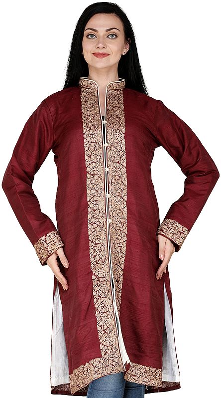 Apple-Butter Long  Jacket from Amritsar with Aari Embroidered Border