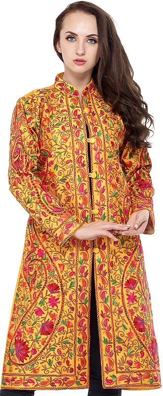 Cadmium-Yellow Long Kashmiri Jacket with Aari-Embroidered Florals and Paisleys