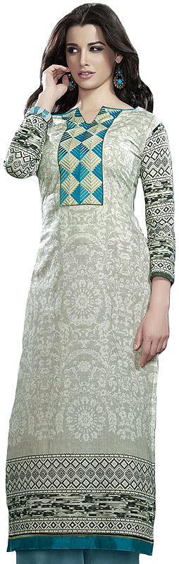 Digital-Printed Long Kurti with Embroidered Patch on Neck