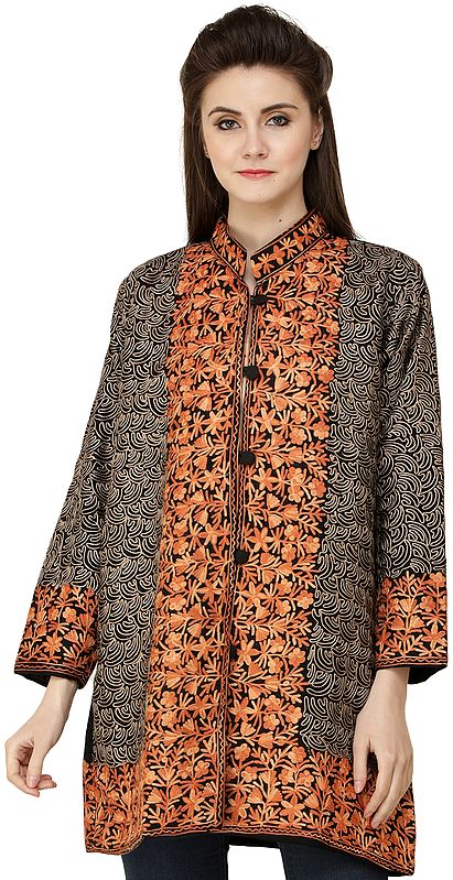 Phantom-Black Jacket from Amritsar with Aari Embroidered Florals and Bootis