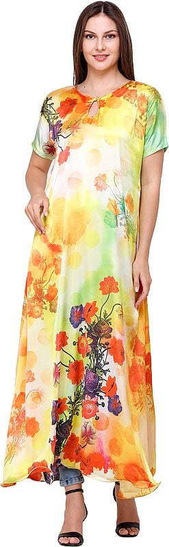 Butter-Cup Digital-Printed Long Gown from Kashmir with Multicolor Flowers