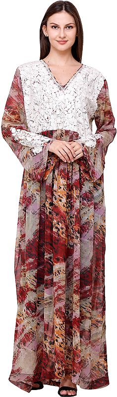 Burnt Russet Digital Printed Long Gown from Srinagar with Embroidery on Neck and Sleeves
