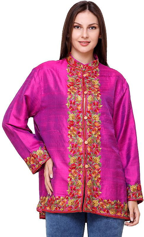 Festival-Fuchsia Short Jacket from Kashmir with Hand-Embroidered Flowers
