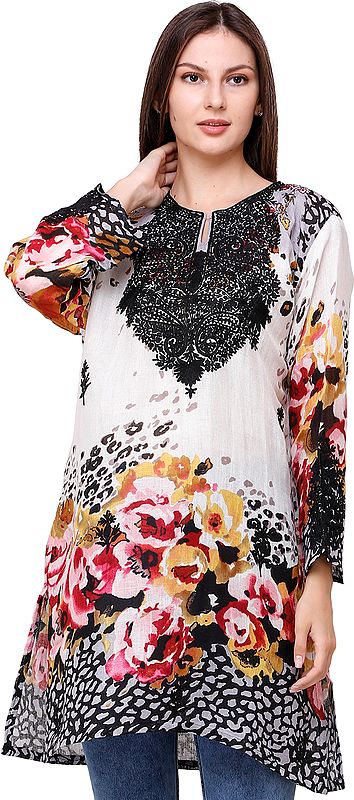 Ivory Digital Printed Kurti from Kashmir with Aari-Embroidery on Neck