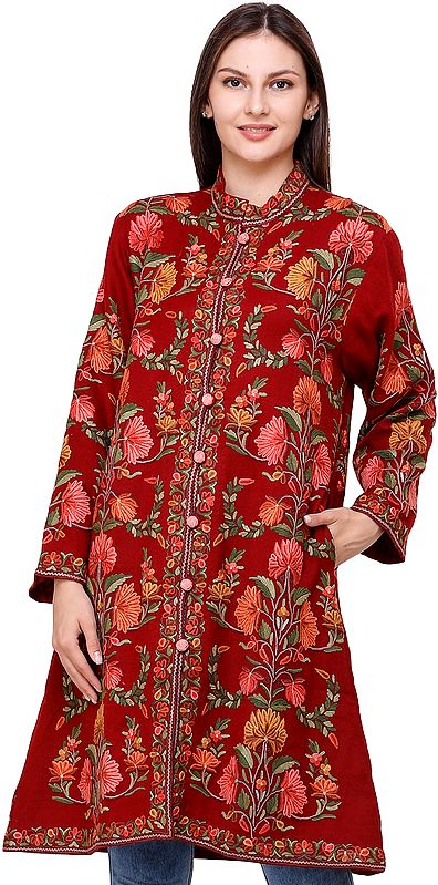 Rosewood Long Jacket from Kashmir with Hand Aari-Embroidered Flowers All-Over