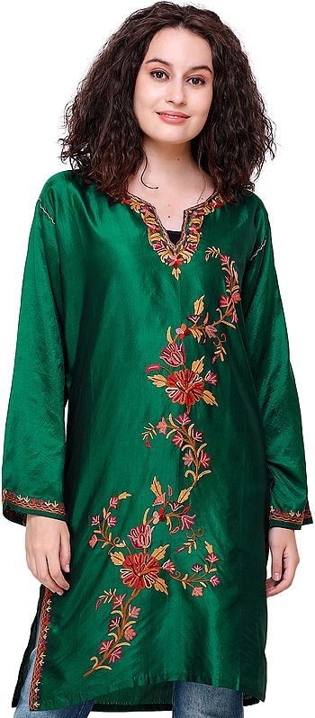 BayBerry-Green Kurti from Kashmir with Aari Hand-Embroidered  Flowers