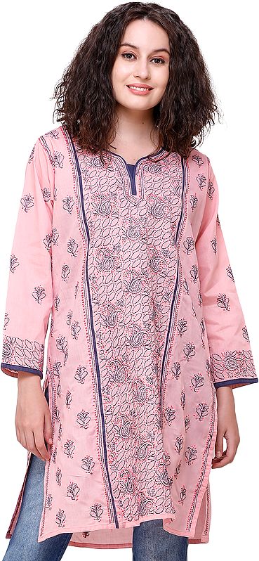 Mellow-Rose Handloom Lukhnavi Kurti with Embroidered Flowers and Paisleys All-Over