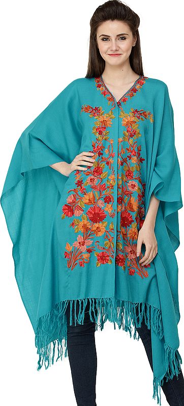 Caribbean-Sea Cape from Kashmir with Aari Hand-Embroidered Flowers