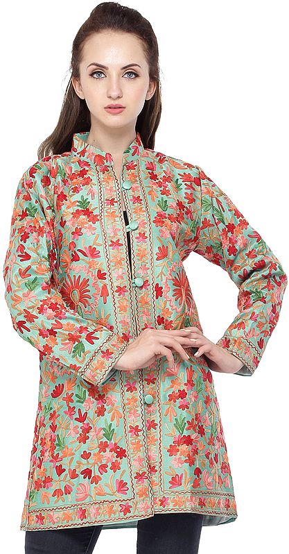 Neptune-Green Jacket from Amritsar with Aari Embroidered Flowers All-Over