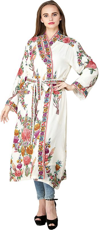 Pearled-White Kashmiri Robe with Aari Embroidered Flowers by Hand