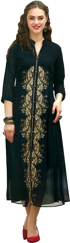 Pirate-Black Long Kurti with Aari-Embroidered Florals and Golden Buttons