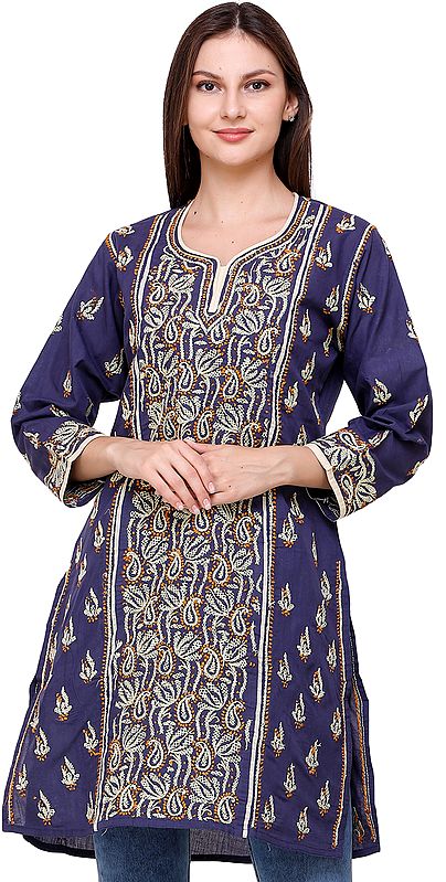 Medieval Blue Lukhnavi Chikan Kurti with Embroidered Flowers and Paisleys
