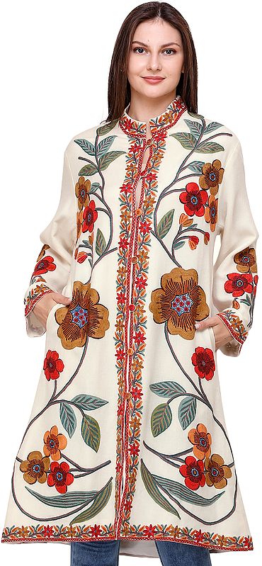 Cream Long Jacket from Kashmir with Hand-Embroidered Giant Flowers