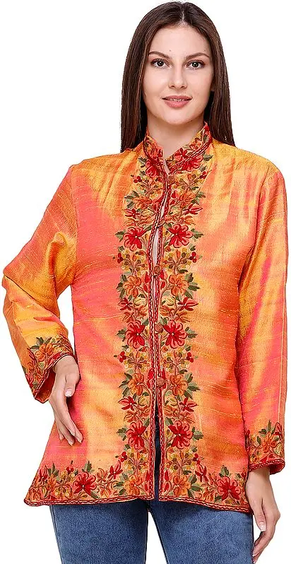 Arabesque Short Jacket from Kashmir with Hand-Embroidered Flowers